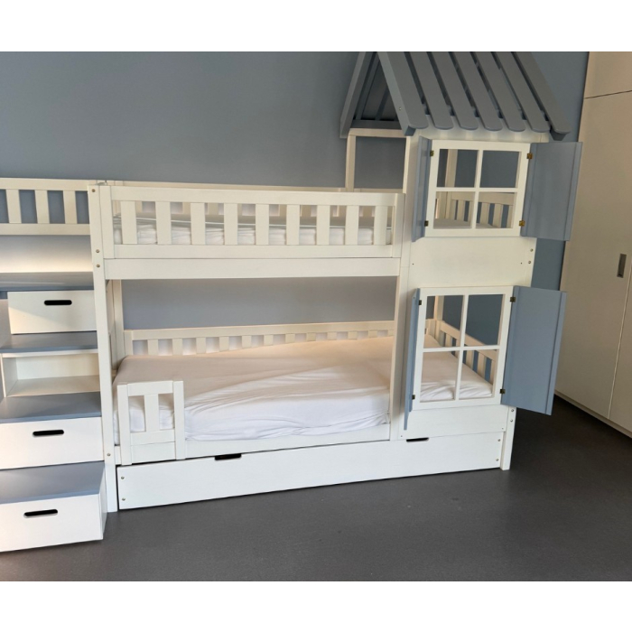 Haus-Etagenbett aus Massivholz mit Treppe und Rutsche für zwei Kinder